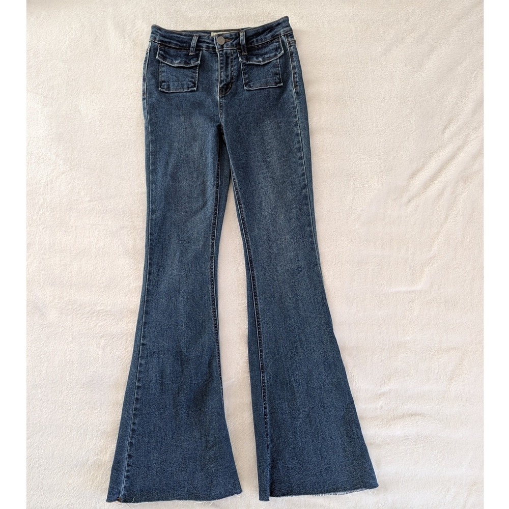 Bell Bottom Flare Jeans Blue Patch Pocket Raw Hem Sz 3/25 Boho Festival Hippie